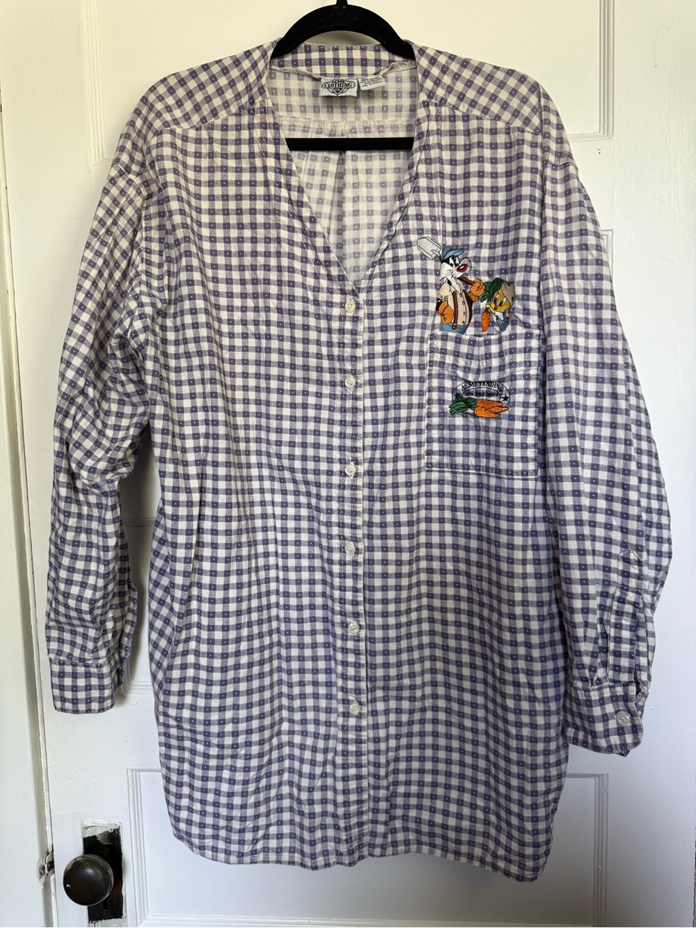 Vintage ACME Lavender Plaid Button-Down Shirt w/Embroidered Looney Tunes Pocket